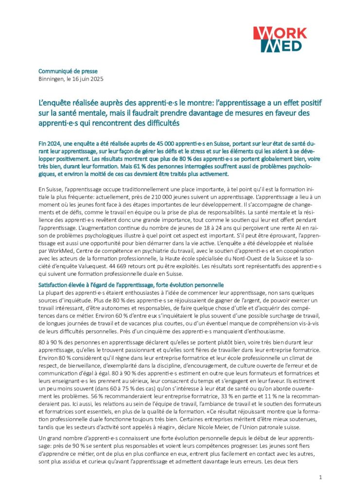 L’apprentissage a un effet positif sur la santé mentale, mais il faudrait prendre davantage de mesures en faveur des apprenti·e·s qui rencontrent des difficultés